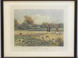 une image représentant un tableau où l'on voit deux hommes et des chiens dans un champ