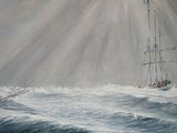 a painting of a boat in the ocean with a boat in the water