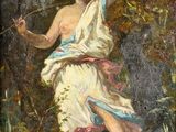 une peinture à l'huile représentant un homme tenant une épée dans un environnement boisé