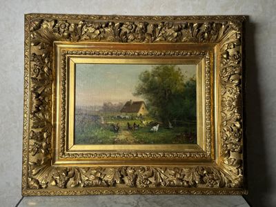un vieux tableau représentant une scène de vie à la ferme avec des vaches dans un pâturage