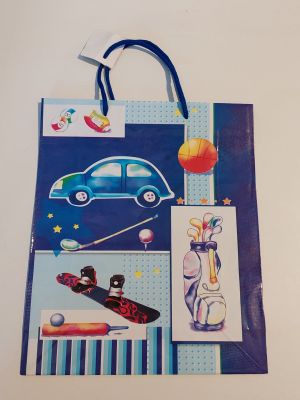 un sac de courses bleu sur lequel figure l'image d'une voiture