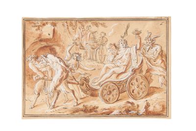 a drawing of a scene with a chariot being pulled by two men