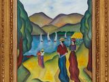 a painting of a man and a woman standing in front of a lake