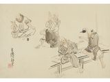 chinese painting of three men sitting on a bench with a bowl of food