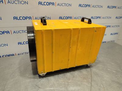 a yellow plastic box with a black handle on top of it
