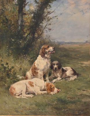 tableau représentant un groupe de chiens se reposant dans un champ, avec des arbres en arrière-plan