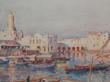 painting of boats in a harbor with buildings in the background