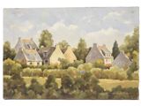 peinture représentant un paysage avec des maisons et des arbres au premier plan
