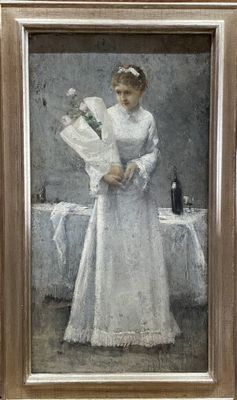tableau représentant une femme en robe blanche tenant une bouteille de vin
