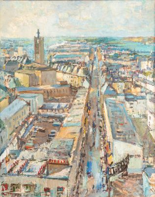 an image of a painting of a view of a city with a clock tower