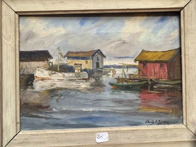 une peinture représentant une scène portuaire avec des bateaux sur l'eau
