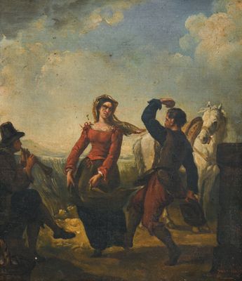 une image représentant un tableau où l'on voit un homme accompagnant une femme à travers un champ