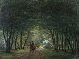 un tableau représentant deux personnes à cheval sur un chemin de terre