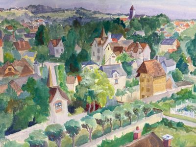 painting of a view of a town with a church and a church steeple