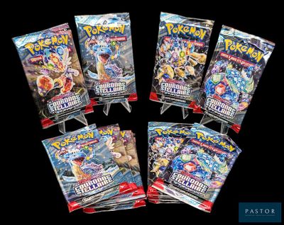 six paquets de cartes à collectionner Pokémon sur fond noir