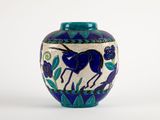 a blue vase with a horse on it on a white background