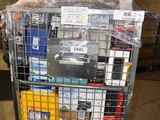 a cart with many different items in it in a warehouse