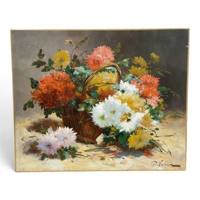 an oil painting of a basket of flowers on a table