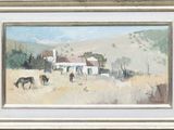 un tableau représentant des chevaux paissant dans un champ près d'une maison
