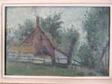 painting of a barn in a field with a fence and trees in the background