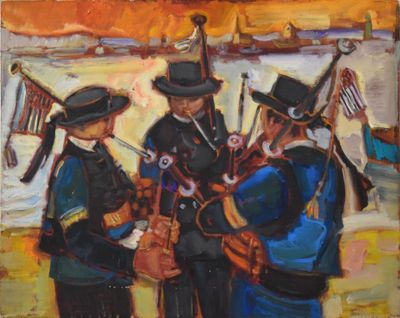 painting of a group of men playing bagpipes on a beach