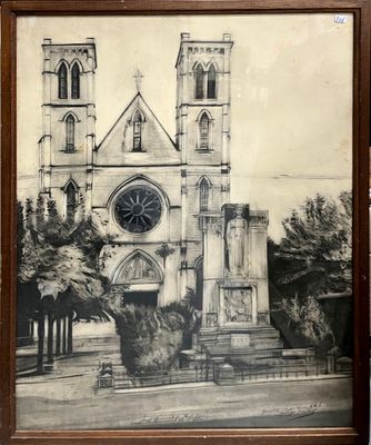 a drawing of a church with a clock on it