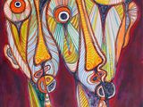 painting of two faces with different colored lines and shapes