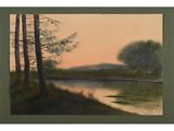 an image of a painting of a lake with trees in the foreground