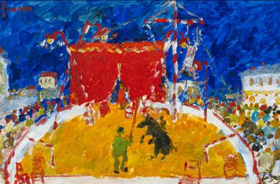 tableau représentant une scène de cirque avec un homme à cheval au centre de la piste