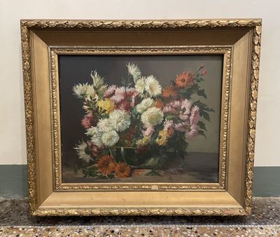 une peinture à l'huile représentant des fleurs dans un vase sur une table