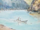 a painting of two people in a boat on the water