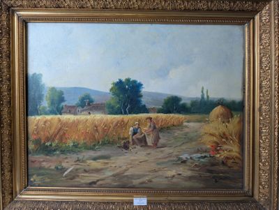 painting of a couple of people in a field with a dog