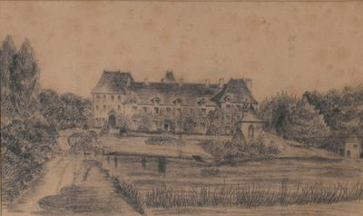 dessin au crayon représentant une maison, avec un étang au premier plan et des arbres à l'arrière-plan