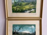 two framed paintings of a landscape with a river in the foreground
