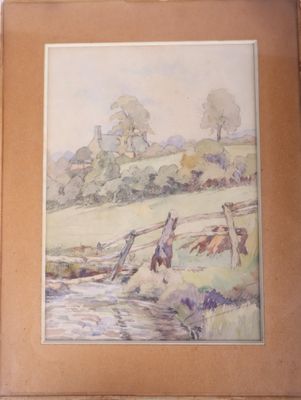 framed watercolor painting of a river scene with cattle in the distance