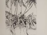 un dessin en noir et blanc représentant un homme sur une planche de surf