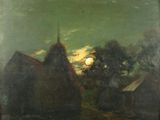 une image représentant un tableau illustrant une scène de vie à la ferme, avec une pleine lune dans le ciel