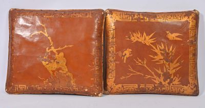 pair of antique chinese leather book covers with birds and flowers