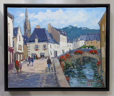 painting of a street scene with people walking on a bridge over a river