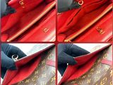 four pictures of a person holding a red louis vuitton bag