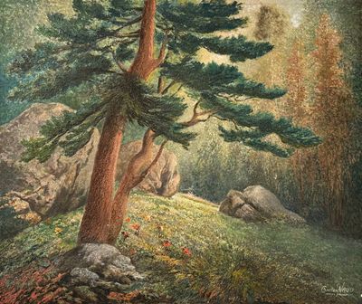 une peinture représentant un arbre sur une colline, avec des rochers en arrière-plan