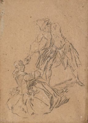 un vieux dessin représentant un homme et une femme assis sur une chaise