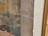 a painting of a woman sitting on a couch with a cat