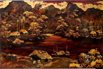 painting of a painting of a landscape with a river and mountains in the background