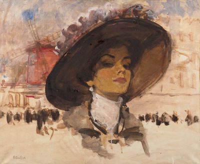 painting of a woman wearing a large hat in front of a crowd
