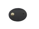 a close up of a black button on a white background
