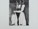 un dessin en noir et blanc représentant une femme tenant un pingouin