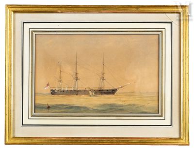 une peinture représentant un bateau sur l'eau, avec le ciel en arrière-plan