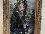 painting of a woman in a black dress holding a flower