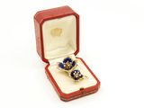 une bague dans une boîte rouge ornée d'une fleur bleue